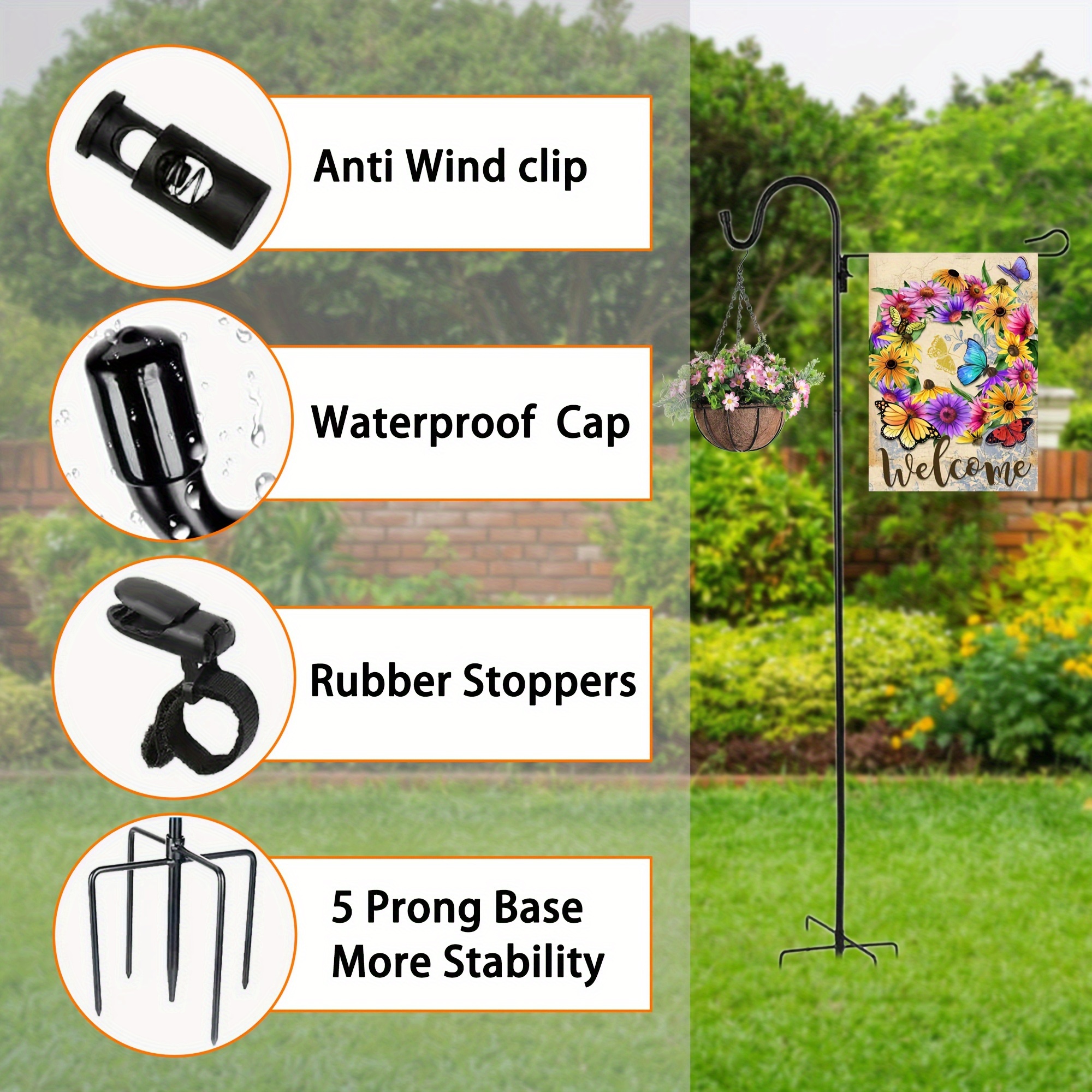 

36/48" Shepherd Hook Garden Flag Pole With Stoppers - Flags, Bird Feeders & Solar Lanterns, Adjustable Holder Stand