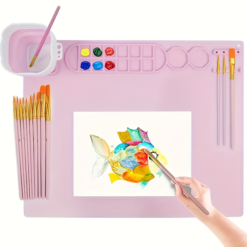 E-shop 1 Set, Malmatte - 20"x16" Kunstmatte mit 1 Stifthalter 10 Pinseln - Leicht zu reinigende Bastelmatte mit Farbtrenner Reinigungsbecher,