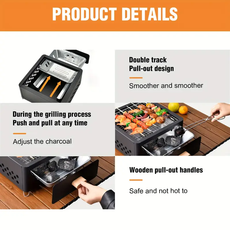 west tune outdoor square charcoal grill with drawer portable multi purpose wooden barbecue stand for camping picnics outdoor activities ideal for grilling iron painted Product details 7