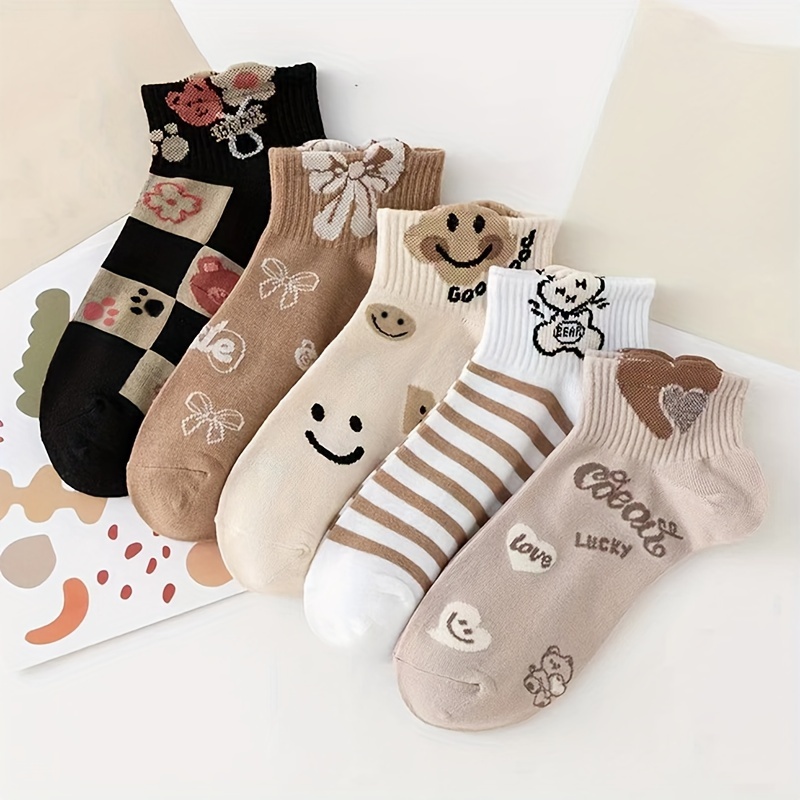 

5 Pairs Cartoon Bear & Bow Print Socks, Cute & Breathable Short Socks, Women's Stockings & Hosiery