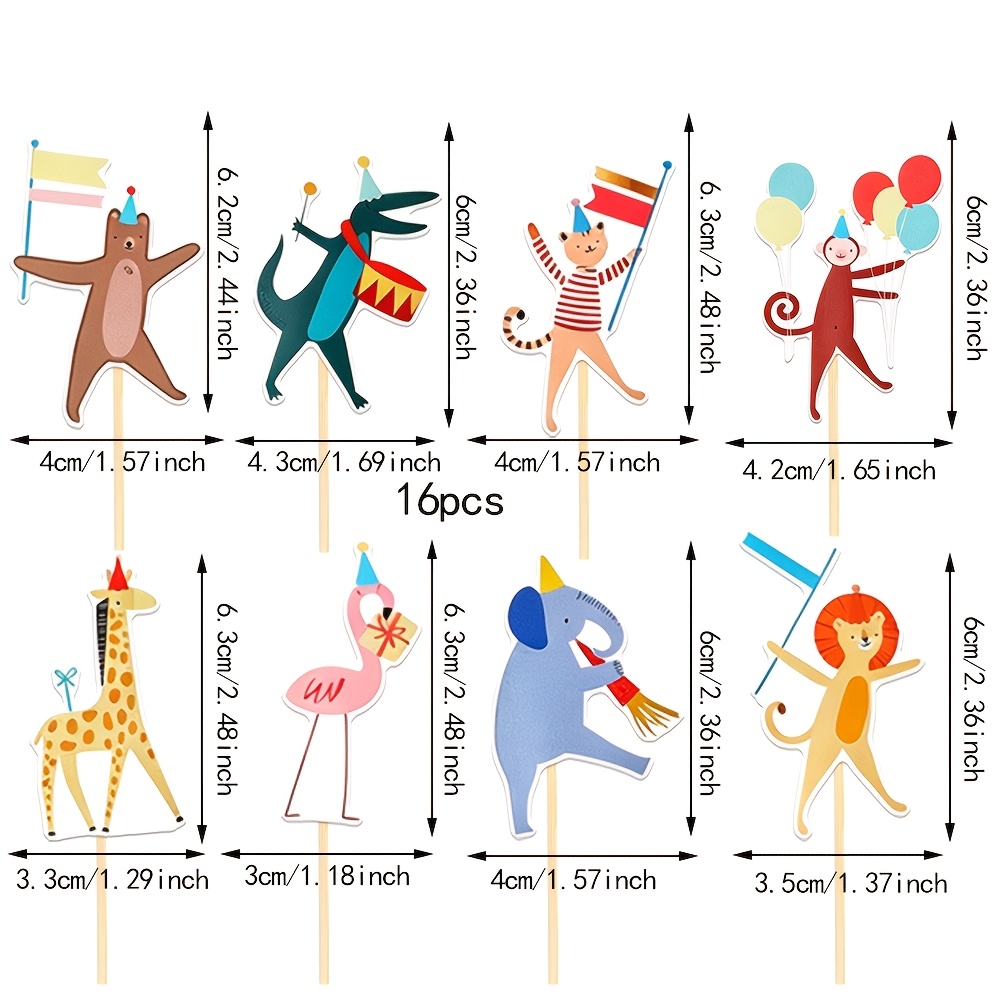 Image of 16- Party Cupcake Toppers, Brown Bear Crocodile Dinosaur Cat Monkey Giraffe Flamingo Elephant Lion Animal Party Scene Decoration Cupcake Toppers, Halloween, Christmas