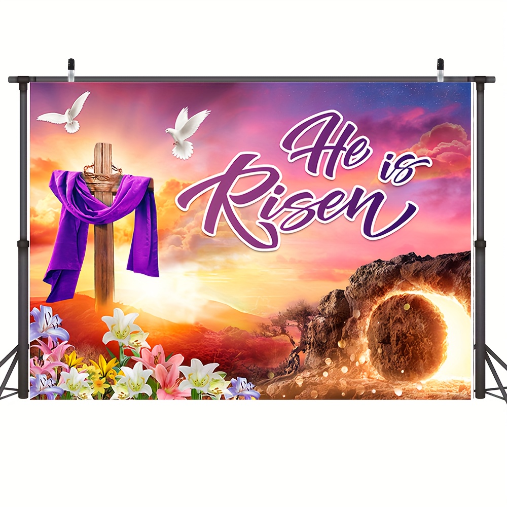 1pc he is risen backdrop easter backdrop extra large cross religious banner background for home easter party decorations supplies