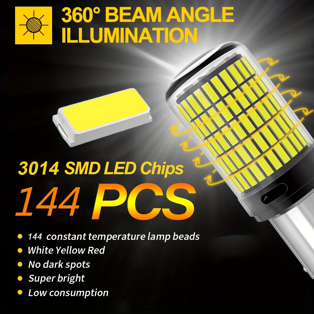 YM E-Bright 2x P21W BAY15D 1157 LED Amber Bulbs - Canbus Error Free, 144 SMD, 12V