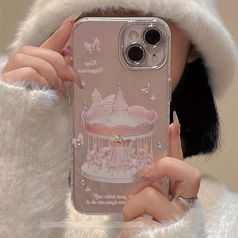 

Dreamy Carousel Phone Case For 12/13/14/15 Pro Max, Pearlescent Tpu Protective Cover With Rotating Horse Design - Elegant Simplicity, Full Drop Protection