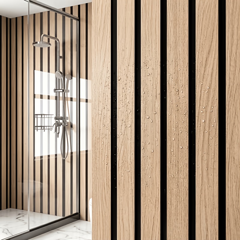TEMU 1 Rouleau [ à et à l'huile] Papier Peint Épais de Luxe Léger à Rayures Verticales et Grain de Bois, Auto-Adhésif, avec Support, Mur de Fond TV,