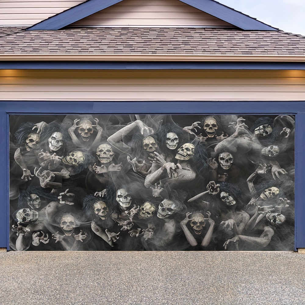 

1pc Halloween Garage Door Cover, Dark Evil Skeleton Party Scary Halloween Party, Happy Halloween Banner Background, Halloween Indoor Outdoor Yard Lawn Decoration