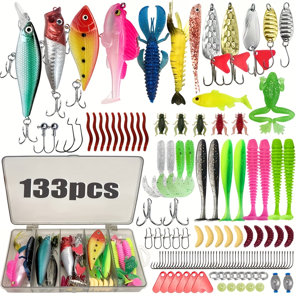 TEMU 133pcs Fishing Lures Kit Freshwater Saltwater Lure Set Outdoor Fishing Baits Includes Frog Lures Spinning Spoons Soft Baits All-purpose Full
