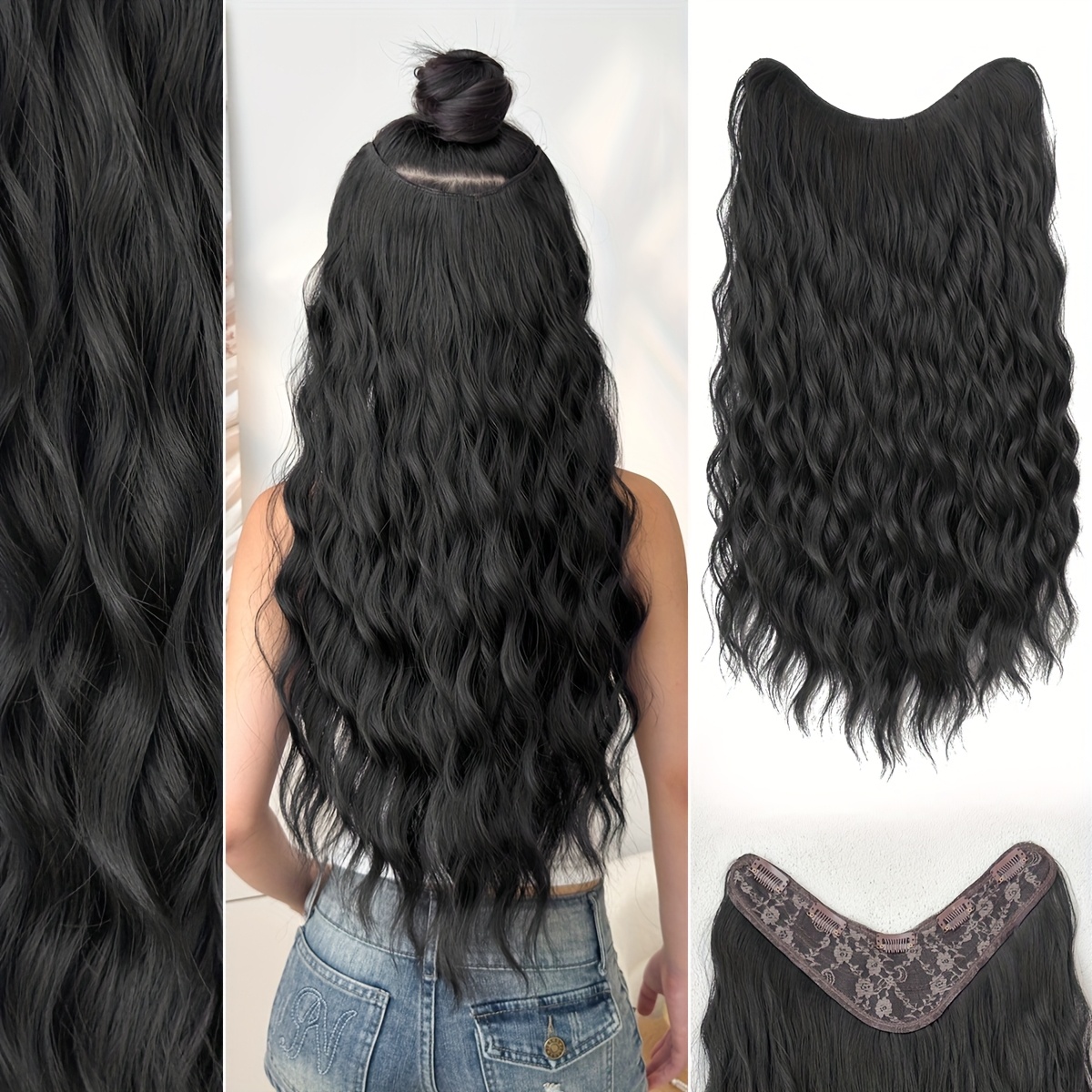Clip In Hair Extensions V-shaped Ombre Black Color 24 Inch Long Water Wave Wavy Heat Resistant Fiber Synthetic Hairpiece For Women Use