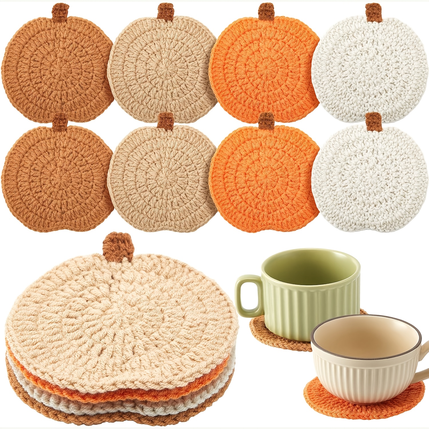 TEMU 8 sous-verres d'automne au crochet, sous-verre citrouille de Thanksgiving de 4,72 pouces, décoration d'intérieur orange, citrouille tissée à ,