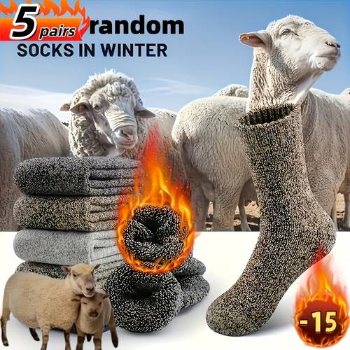 item picture 5 pairs mens thick blend socks set comfortable solid calf winter socks dark blue brown navy beige and warm random colors suitable for casual or cold weather