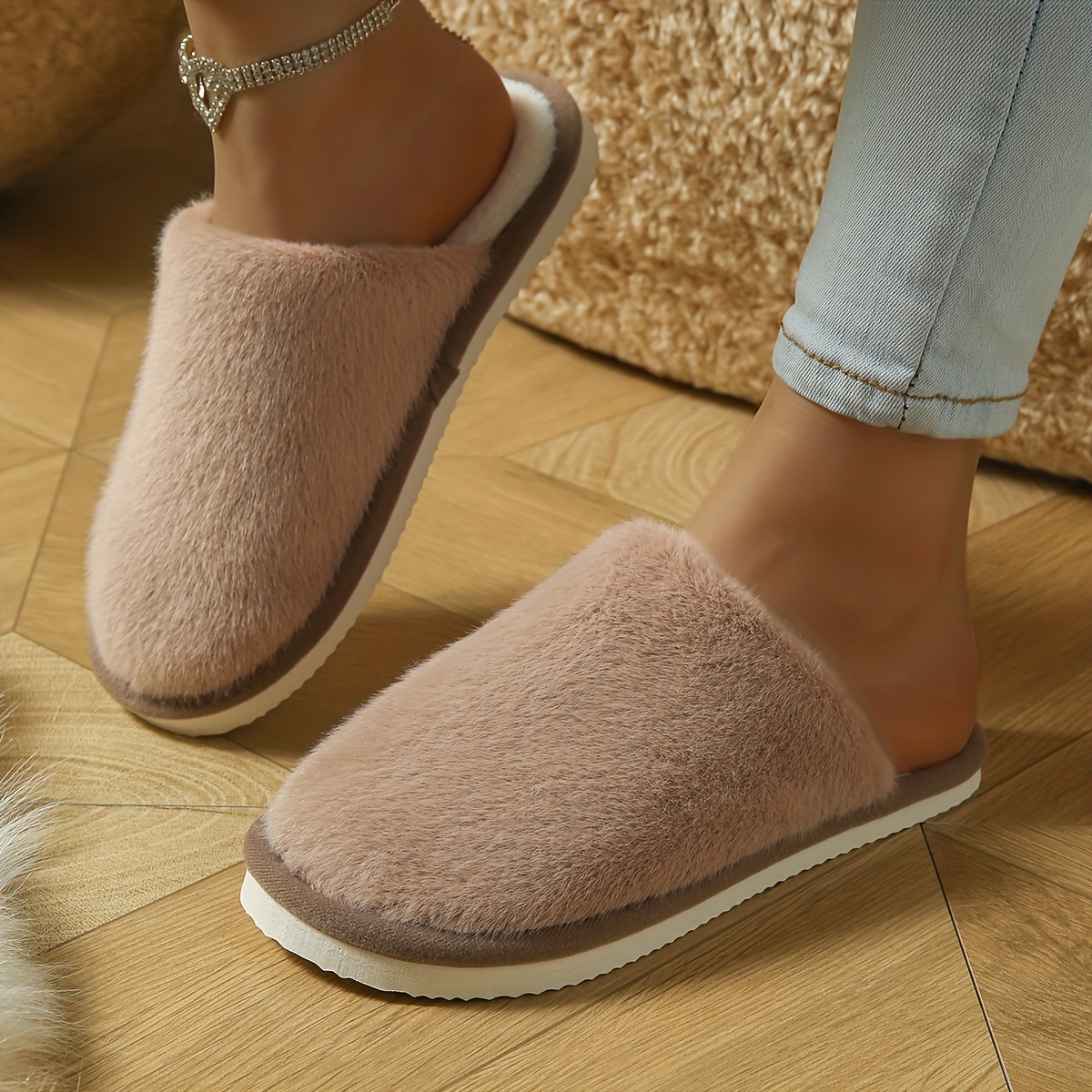 Image of Women's Fluffy Fleece Slippers - Cozy Warm Comfortable Soft Sole Indoor Slides, Solid Color Fabric Upper With Eva Sole, Hand Washable European Special Flat Heel House Shoes