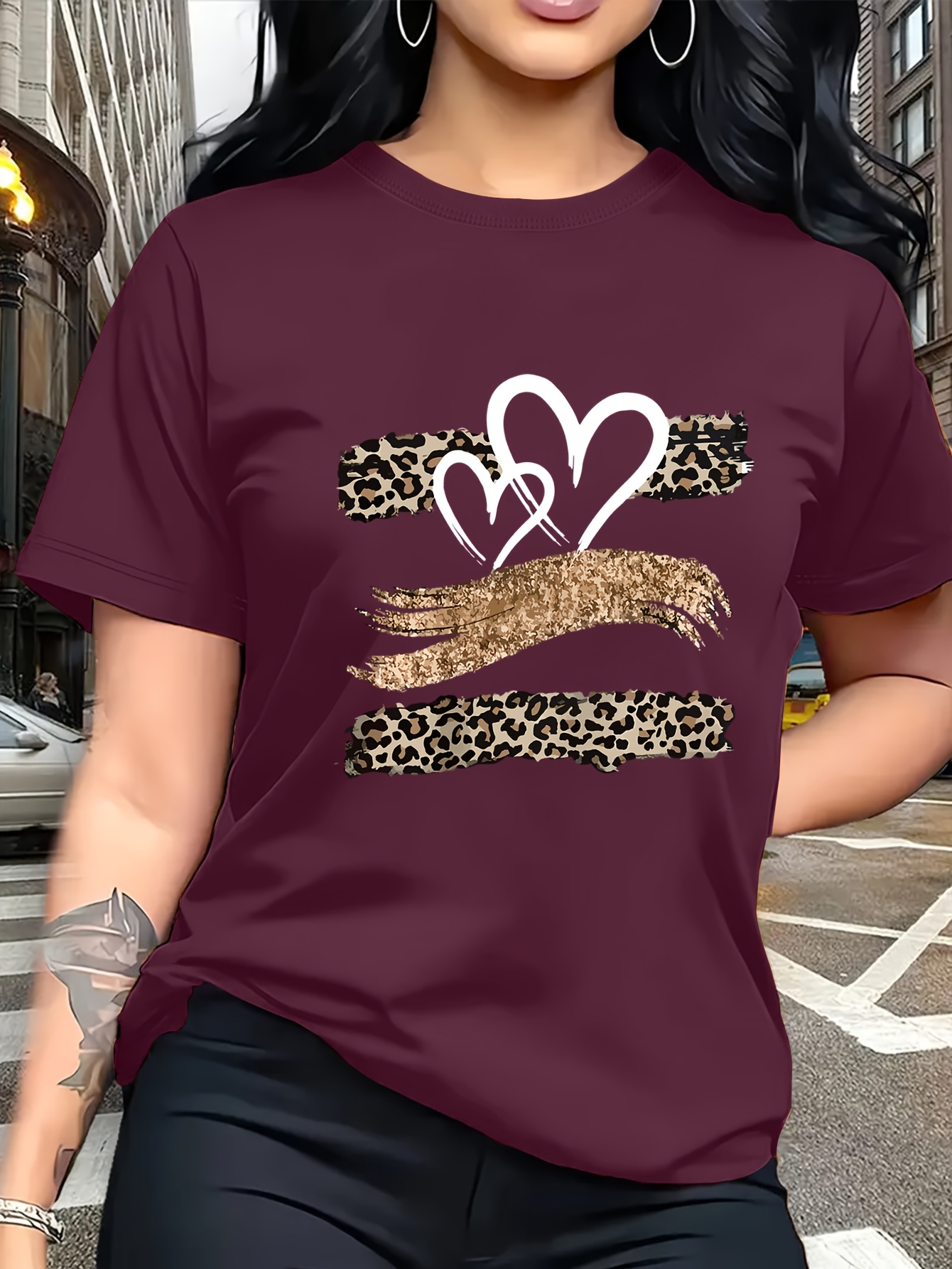 Leopard Print Heart Glitter-themed Pattern Print, Fashionable Breathable T-shirt, for Family Travel,, Casual S, Daily Commutes, Matching Outfits for Sisters, Versatile T-shirt 30057
