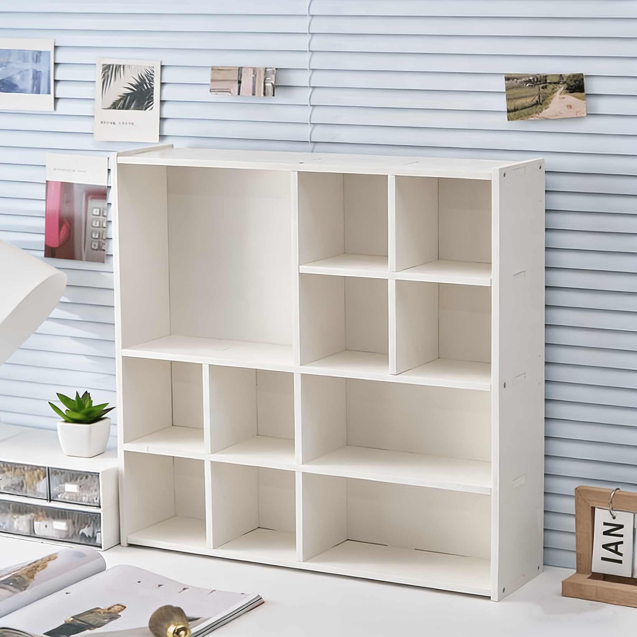 Image of 11-cube White Bookshelf, Home Grid Storage Cabinet, Multi-functional Organizer Shelf For Living Room And Bedroom