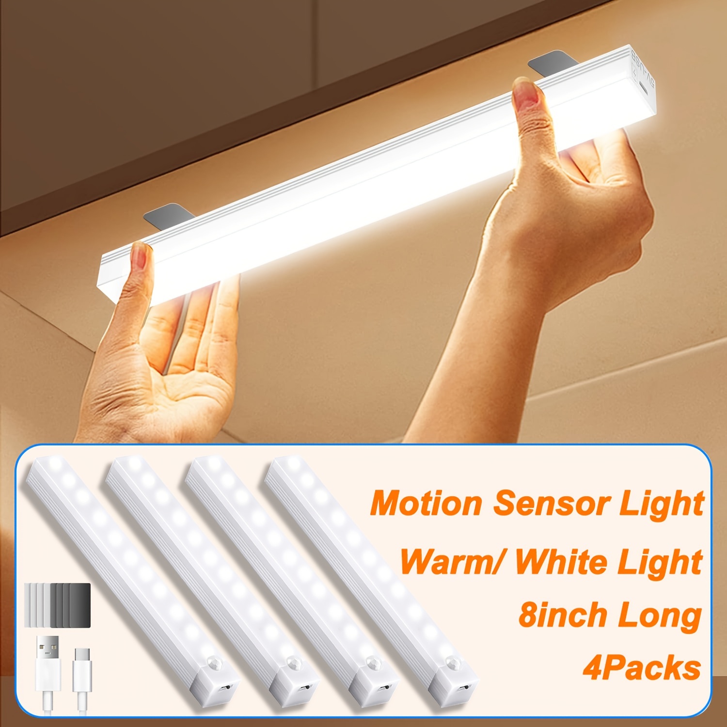 

4packs-8inch Motion Sensor Under Cabinet Led Lights, Magnetic Rechargeable Under Counter Closet Light, Wireless Night Light Bar Stick-on, Cool White/ Warm White