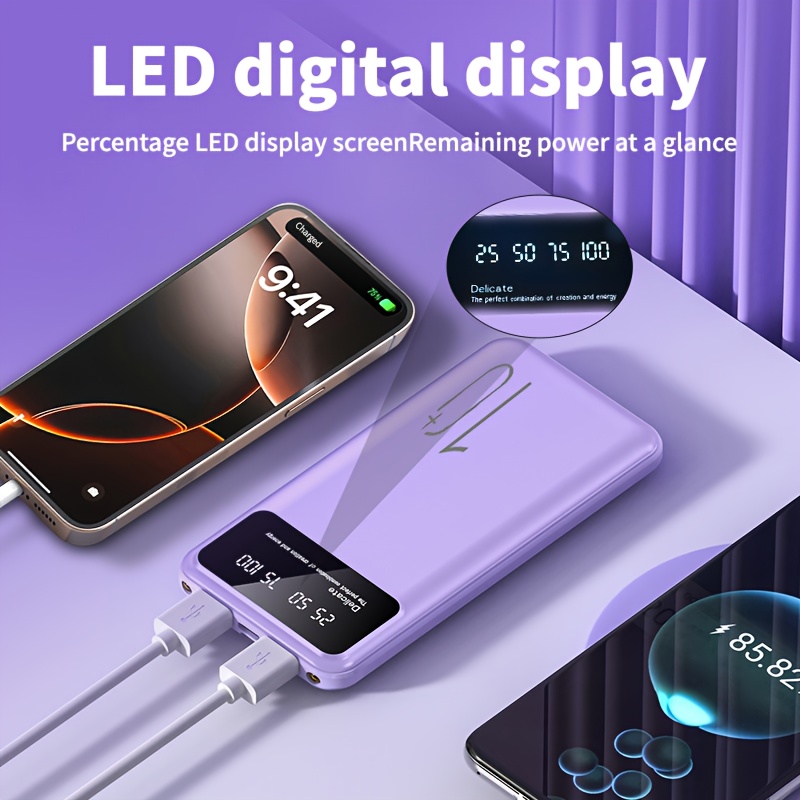 Batterie Externe Portable Rechargeable avec Lumière, Entrée Type-C 10W, Double Sortie USB-A 10W, Options de Capacité 10000mAh/20000mAh, Compatible avec iOS et Android, Adaptée aux Téléphones, Casques, Tablettes et Autres Appareils Électroniques