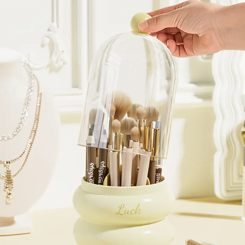 1pc rotating makeup organizer with brush holder multi compartment cosmetic office storage box durable plastic countertop organizer for bathroom vanity desk space saving design for pens brushes toothbrushes makeup brushes makeup vanity desk polished sturdy construction home organizers material home organizers Product details 4