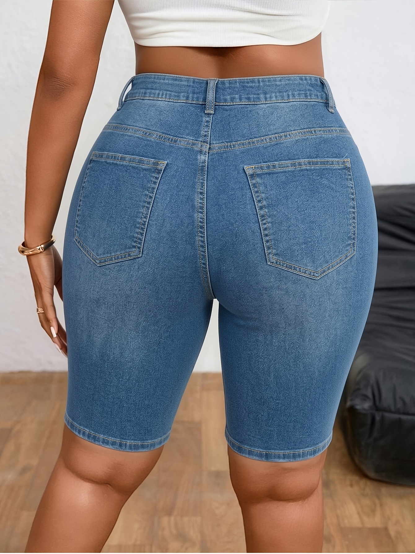 plus size high waist light blue denim bermuda shorts spring summer casual