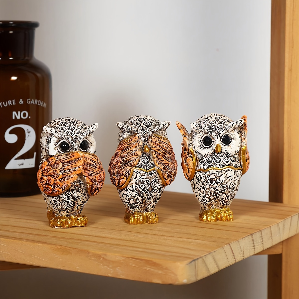 TEMU 3pcs Rustic Owl Figurines, Decorative Art Resin Statuettes, No Hear See Speak Motif, Home & Office Decor