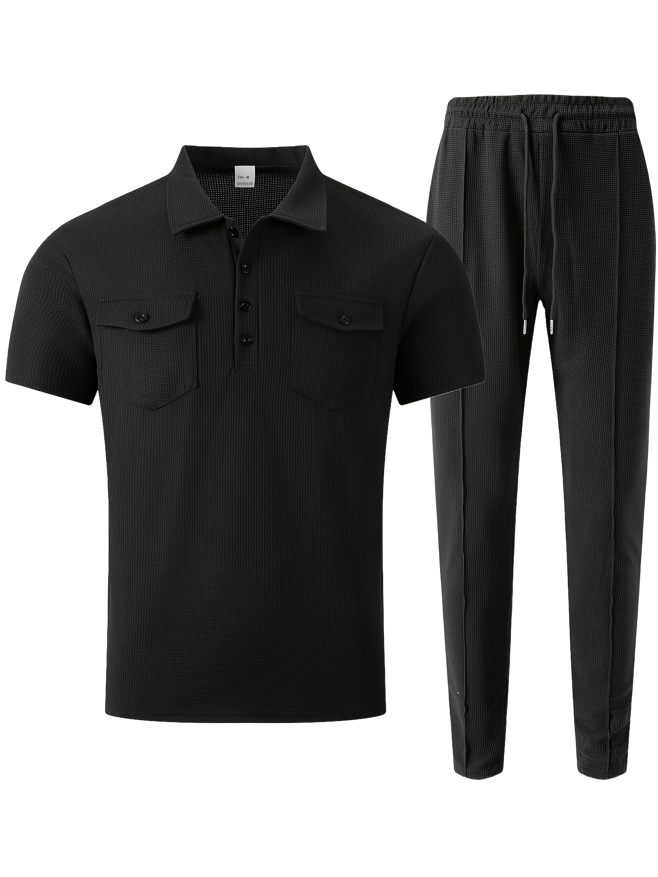 Men's 2pcs Set, Solid Color Minimalist Black Button-Up Short Sleeve Shirt with Two Pockets and Collar + Drawstring Waist Pants, Men's Spring/Summer Casual Vacation Daily Wear