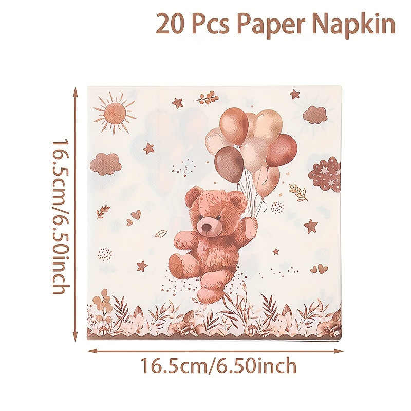 Image of 20pcs Brown Teddy Bear Theme Disposable Paper Napkins, 16.5cm Square Woven Napkins For 1st Birthday Party Decor, Wedding Anniversary, And Shower Celebrations, Party Packs