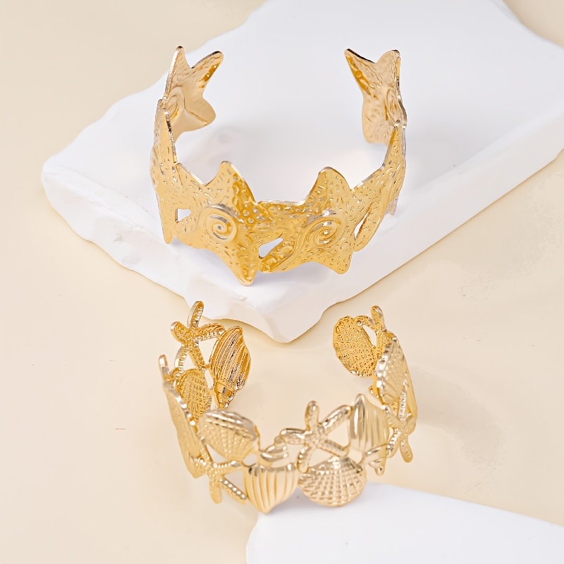 2pcs Ocean Shell & Starfish Motif Open Bangle Set, Elegant Women's Bracelets