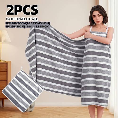 2pcs set of colorful wide striped bath towels including 1pc 90 x 180 cm 35 43 x 70 87 inch extra large bath towel and 1pc 30 x 30 81 x 11 81 inch washcloth super soft and absorbent hair towel super soft absorbent ideal for spa