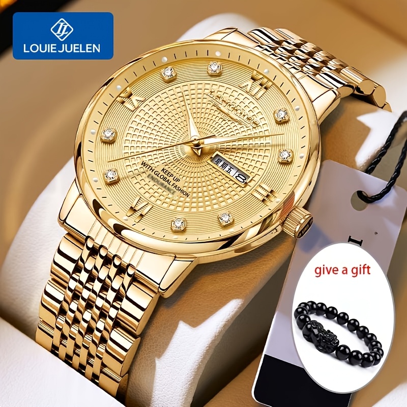 Men's Luxury Automatic Mechanical Watch - Stylish With Date And Day Display, Stainless Steel Strap, Men's Gift Watch With Beads, Without Battery