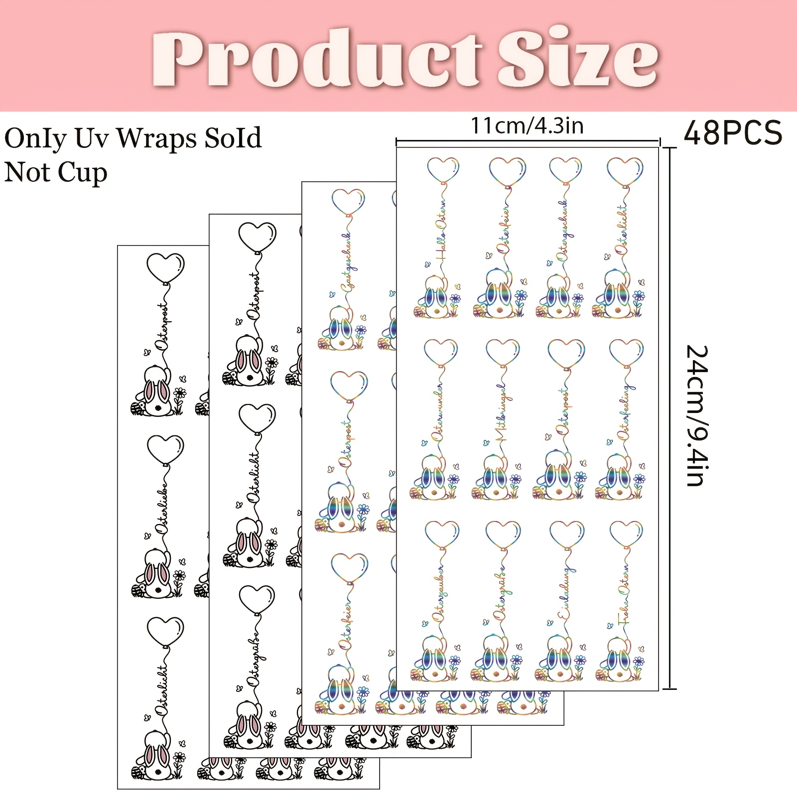 TEMU 48pcs German Easter Alphabet Greetings Theme Uv Dtf Transfer Stickers, High Quality Plastic Decals Easter Greetings Themed Plastic Decals For