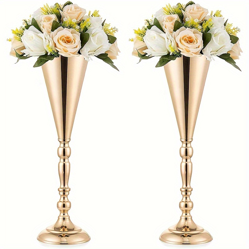 

Set Of 2 Golden Metal Trumpet Vases For Wedding And Birthday Centerpieces, Iron Tabletop Floral Arrangement Stands, No Electricity Needed, Christmas, Anniversary, And Party Decorations