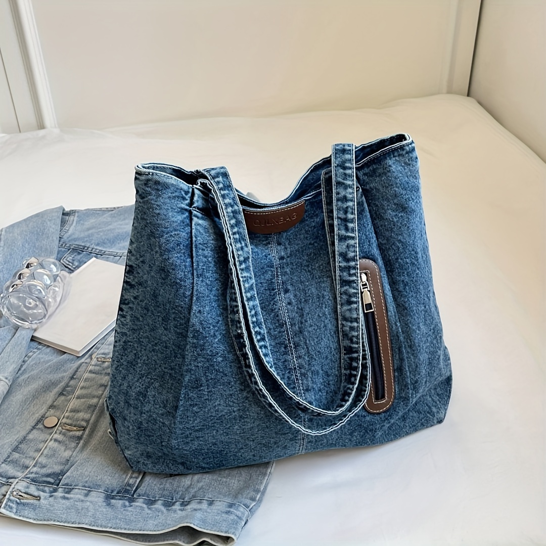 chic denim crossbody bag for women trendy shoulder handbag with zip closure polyester lined fashionable details 0