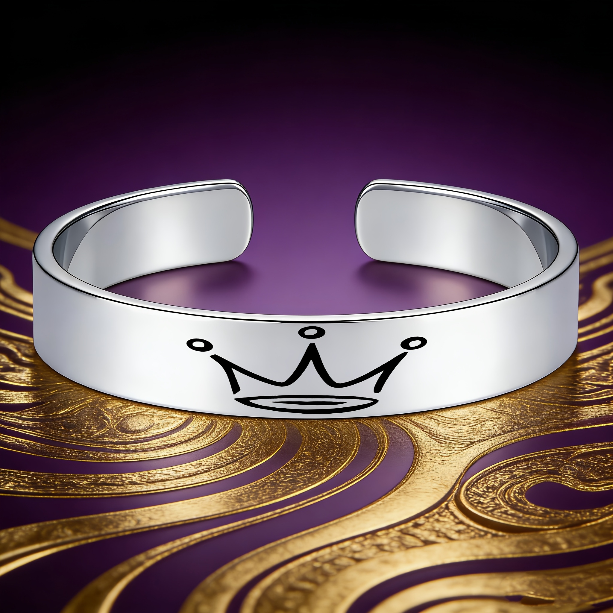 Women's Crown-Patterned Stainless Steel Open Bangle Bracelet