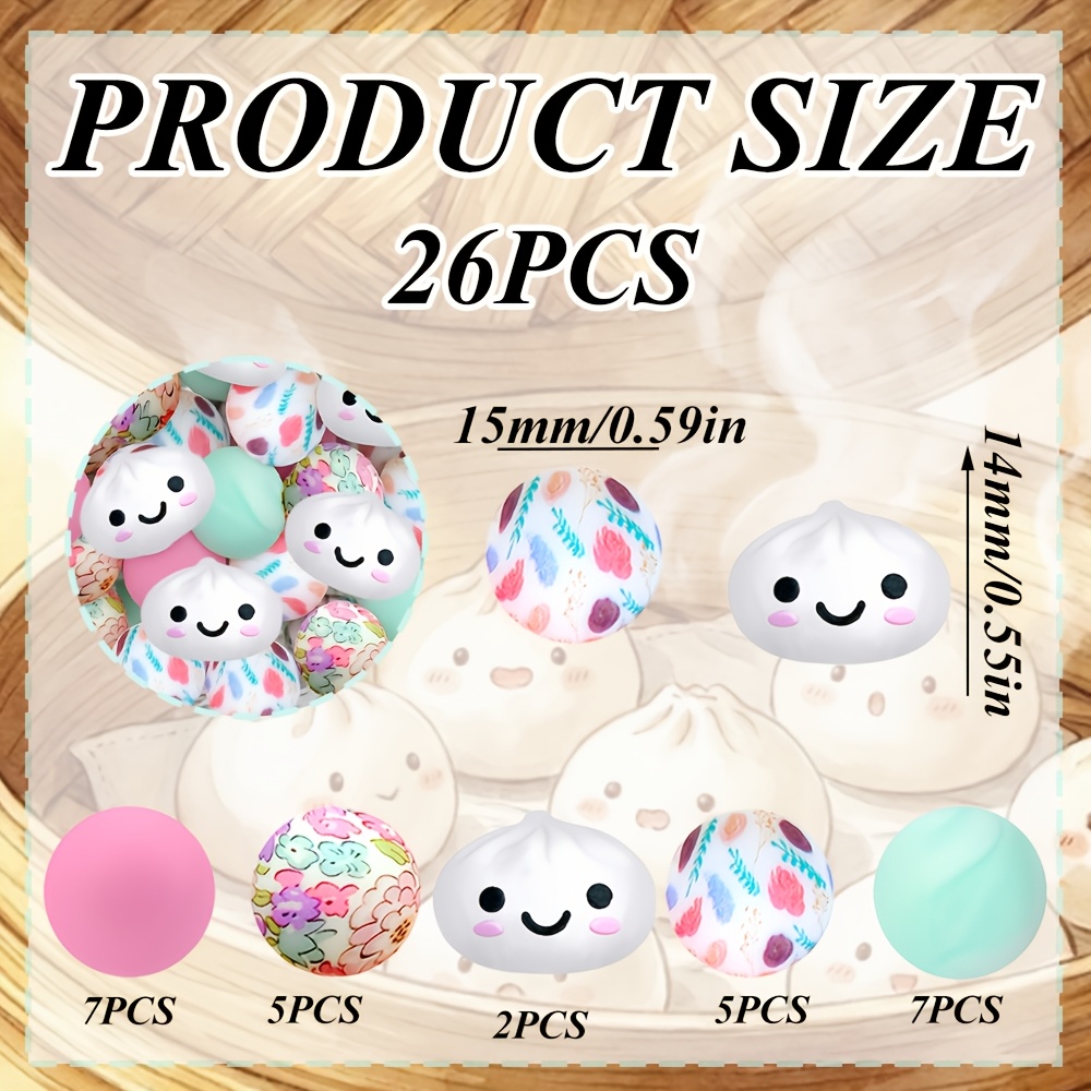 TEMU Ensemble de 26 perles en silicone 3D de bagel , anthropomorphe douce et mignonne, 15 mm de perles rondes imprimées de fleurs de couleurs