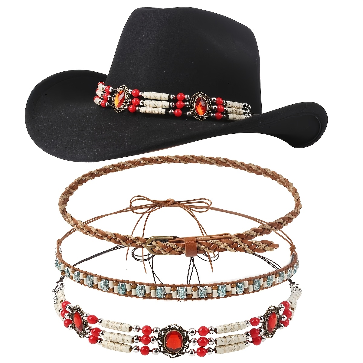 TEMU 3pcs Bohemian Vintage Beaded Ethnic-style Cowboy Hat Accessory Straps, Ranch-style Wide-brimmed Hat With Western