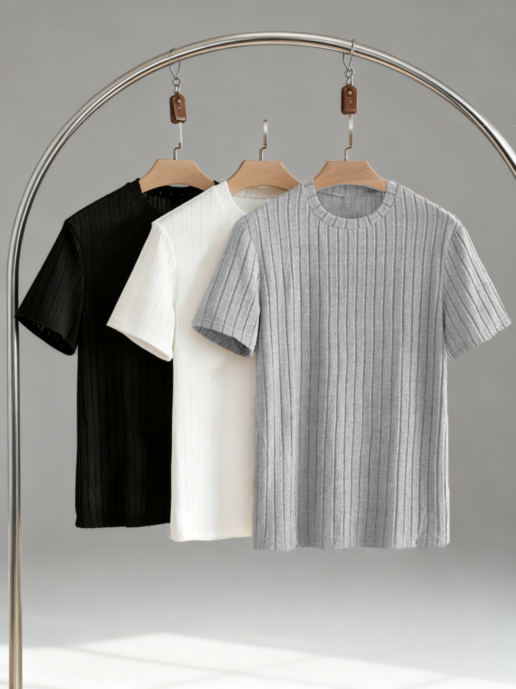 Men'S Casual Easy Style 3-Color Vertical Striped Knit Round Neck Short Sleeve T-Shirt 3pcs Set, Daily Commute Leisure Multi-Scene Outfit Top Combination
