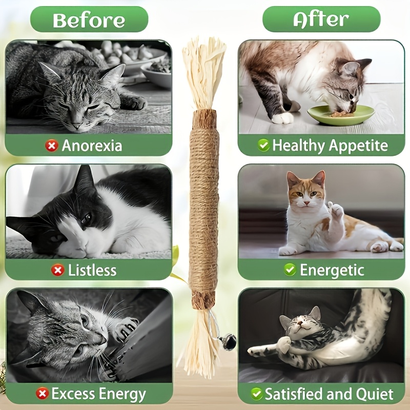 4 pièces de bâtonnets de sisal naturel pour chat - Jouets de nettoyage des dents durables pour chats d'intérieur, fournitures de jeu interactif, Matière, pas besoin de batterie, aide à la santé dentaire | Matière de sisal naturel | Bâtonnets durables, jouet interactif