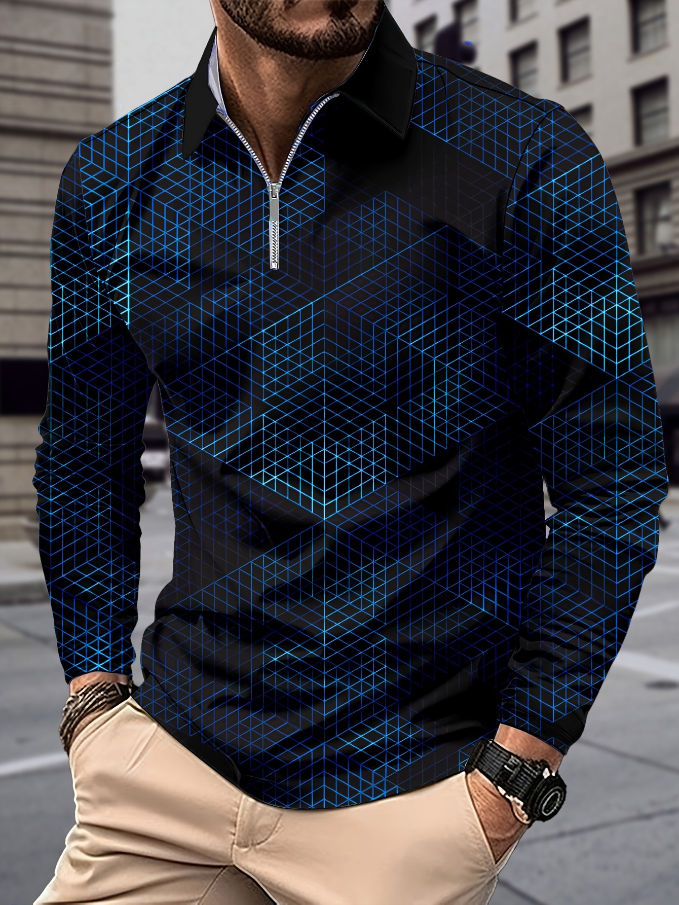 Stylish Pattern Men's Long Sleeves Zipper Lapel Shirt Men's - Temu