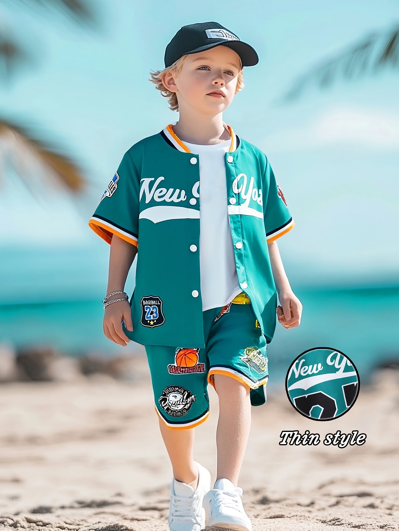 a Boys' Fashion Set 4-7, Featuring a Stylish Short-Sleeve Jacket with a  Baseball Collar And Print Shorts Spring And Summ
