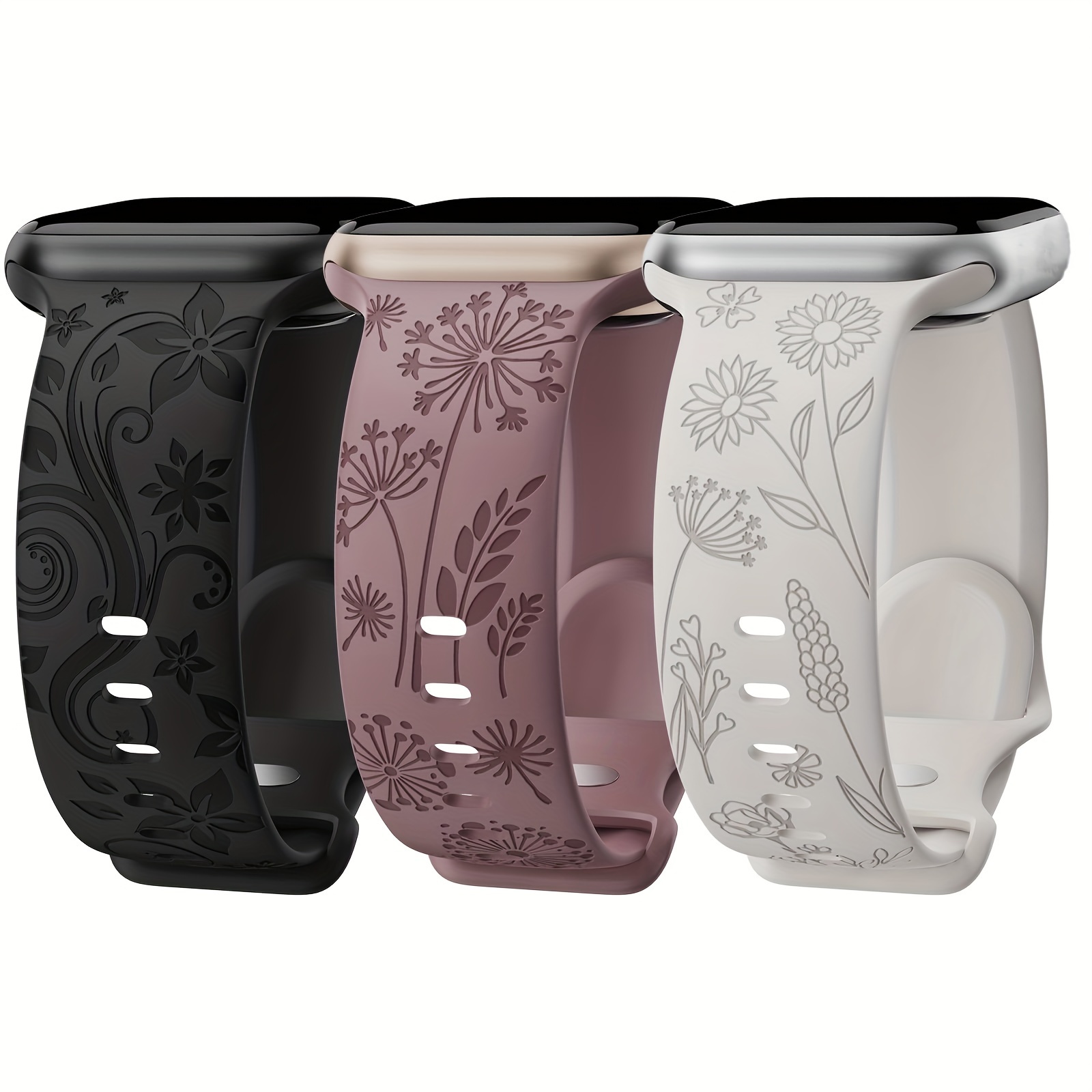

3 Packs Floral Engraved Bands Compatible With Iwatch Band For Women 38mm 40mm 41mm 42mm 44mm 45mm 49mm, Cute Flower Pattern Soft Silicone Strap For Iwatch Series Ultra Se 9 8 7 6 5 4 3 2 1