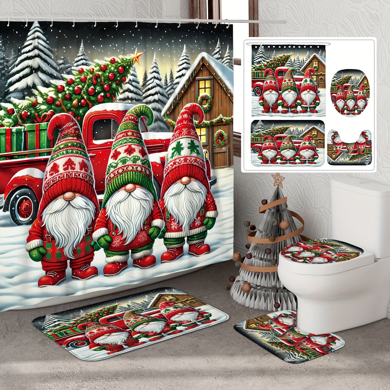 

Christmas Shower Curtain Set - 1/4pcs, Cute & , Waterproof Polyester, Includes 12 Hooks, Non-slip Bath Mat & U-shaped Toilet Lid Cover, Decor