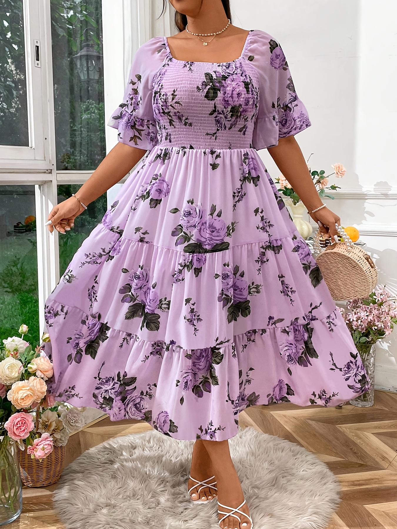 Plus Size - Plus Size - Casual Printed Smocked Fashion Dress