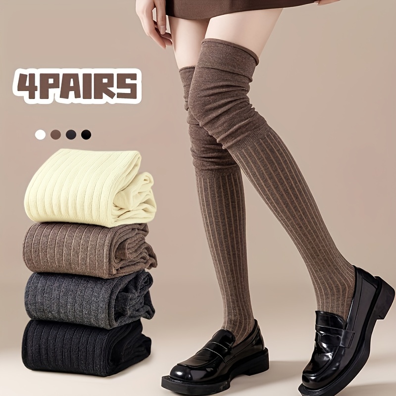 

4 Pairs Women's Over-the-knee Socks, Solid Color, Stretchy Polyester , Machine Washable & Dry , Knitted, Fashionable Ankle Socks For Spring/autumn