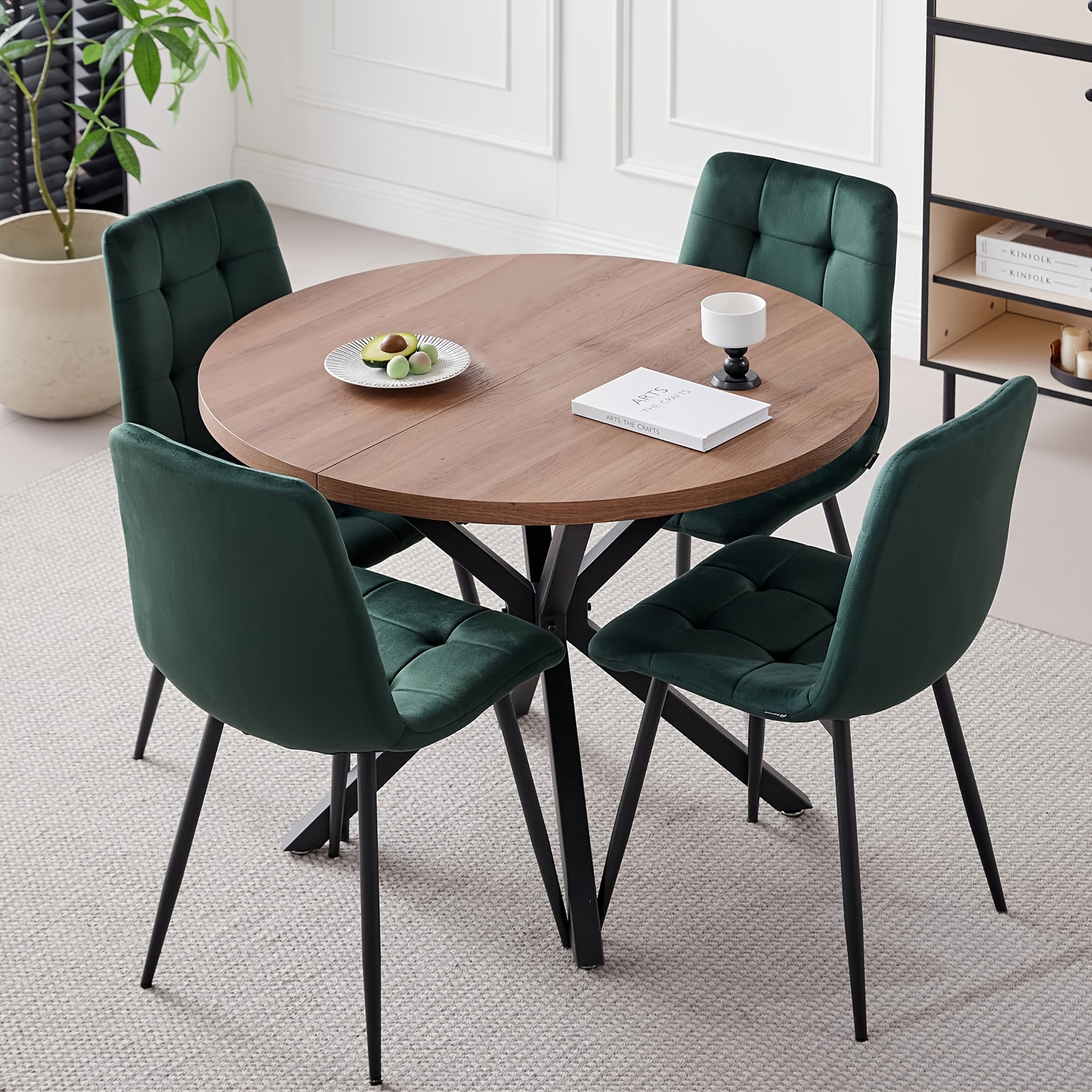 5pcs Round Dining Table Set -  -Century Modern Dinner Table with 4 Green Velvet Chairs Set, Coffee Table & Chair with Black Metal Legs for Kitchen Dining Room, Apartment