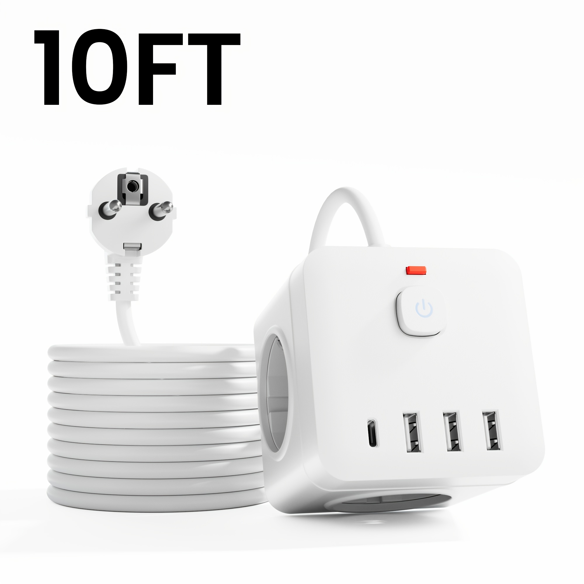 Image of Eu Power Strip With Extension Cord, 3 Ac Outlets 3 Usb 1 Type-c, & Protection, 5ft/ 10ft Cord Optional