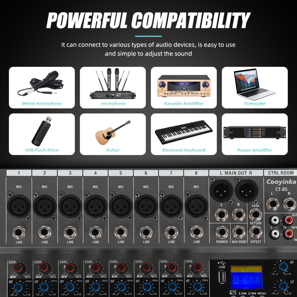 8 channel professional mixer metal body 48v power fx - Temu