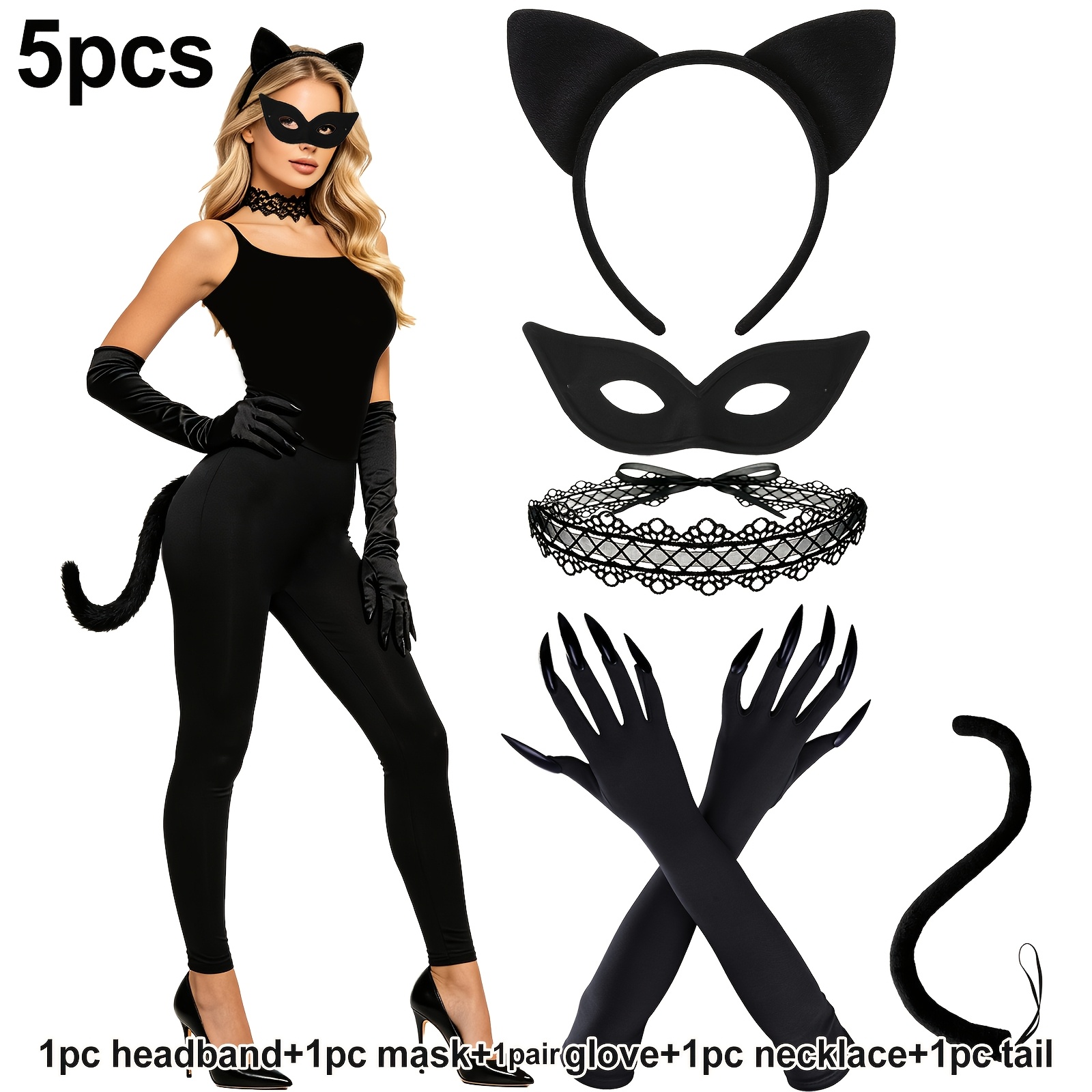 TEMU 5pcs Black Cat Halloween Costume Additions For Women, Headband, Mask, Necklace, Black Nail Gloves, Tail, Fancy Dress Additions Set For Easter