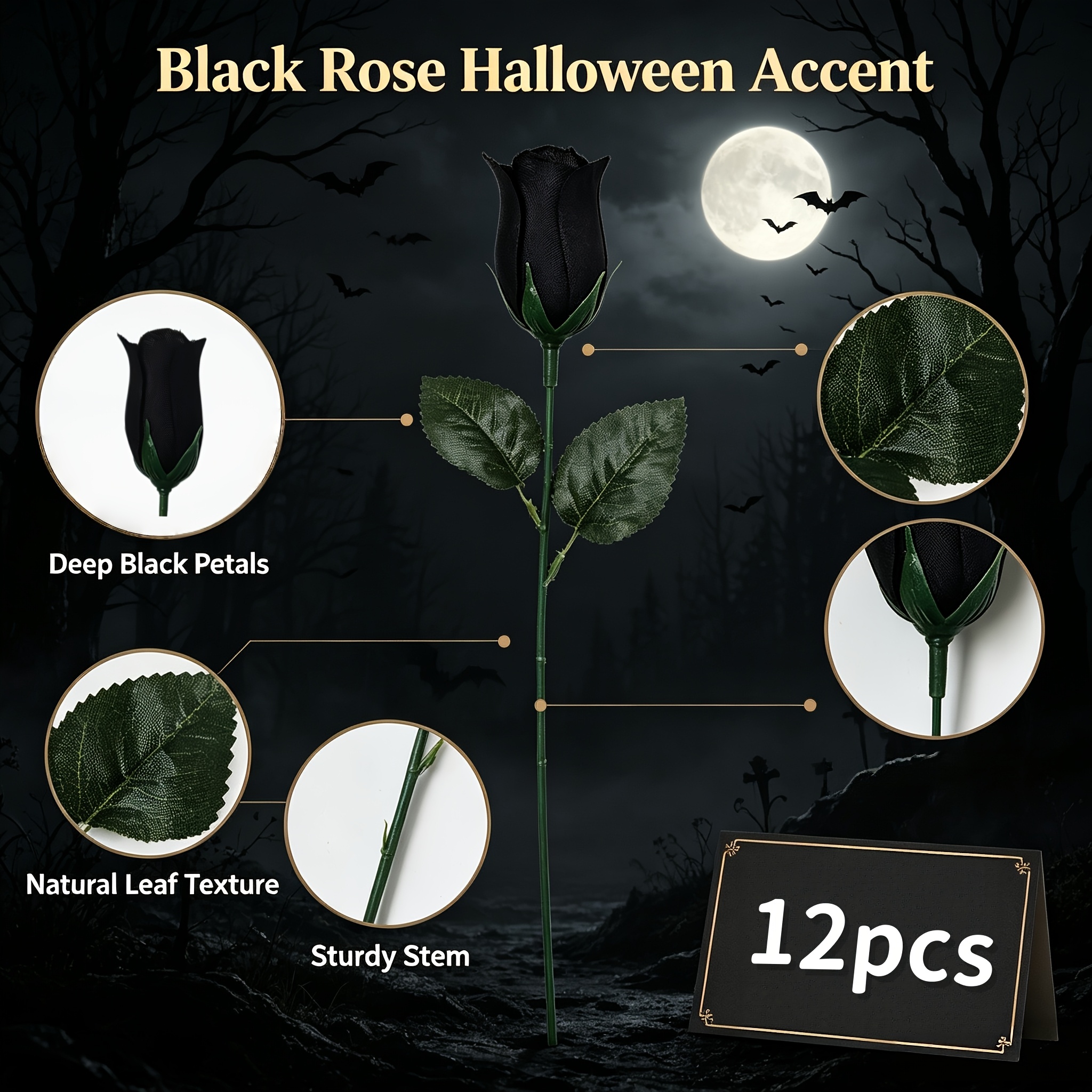 TEMU 12-pack Artificial Black Roses With Stems Set, Suitable For Holidays, Halloween, Banquets, Parties, Living Room Flower Arrangements, Wedding