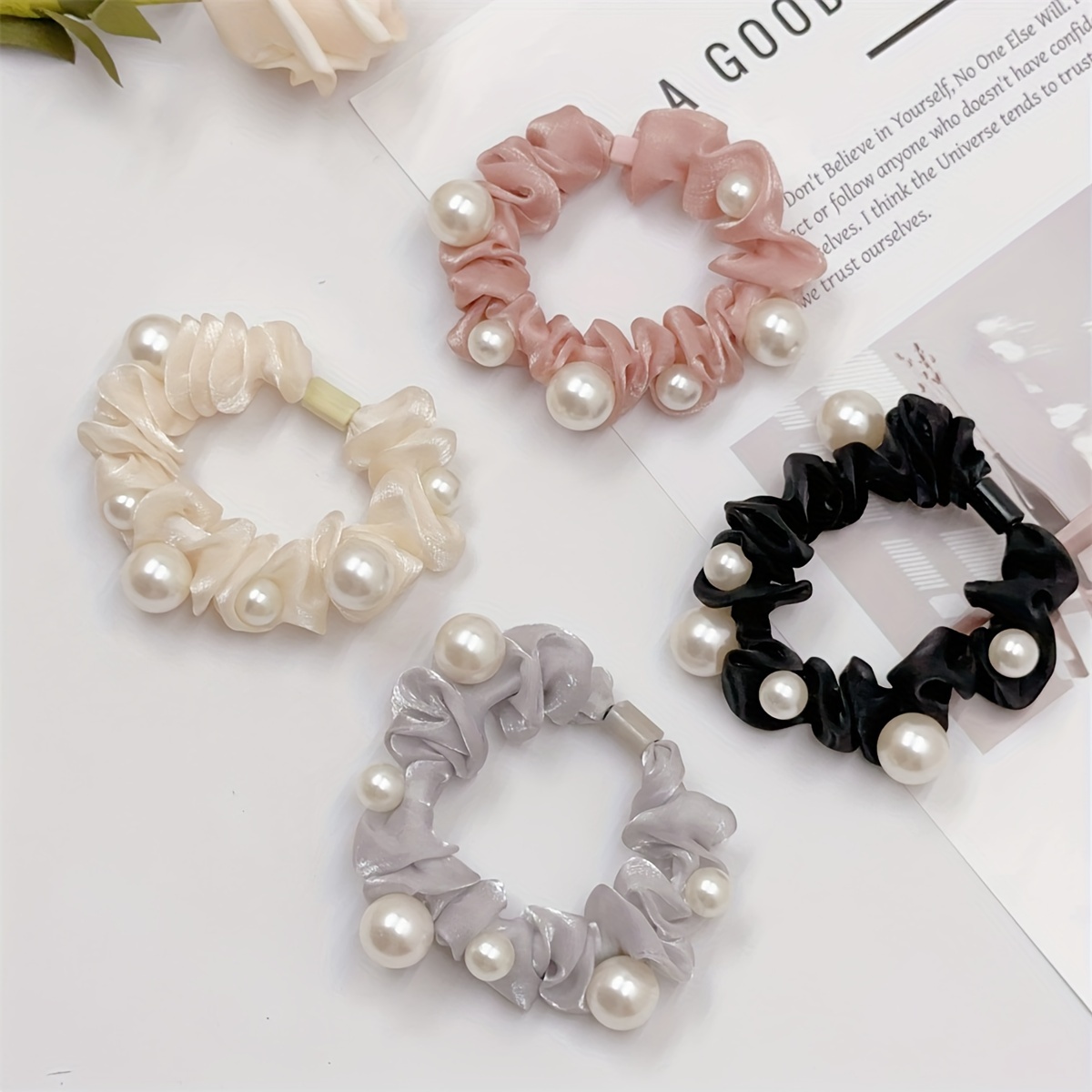 

4pcs Elegant Boho Chic Faux Pearl Mesh Scrunchie Set - Sweet & Stylish Hair Ties For Women