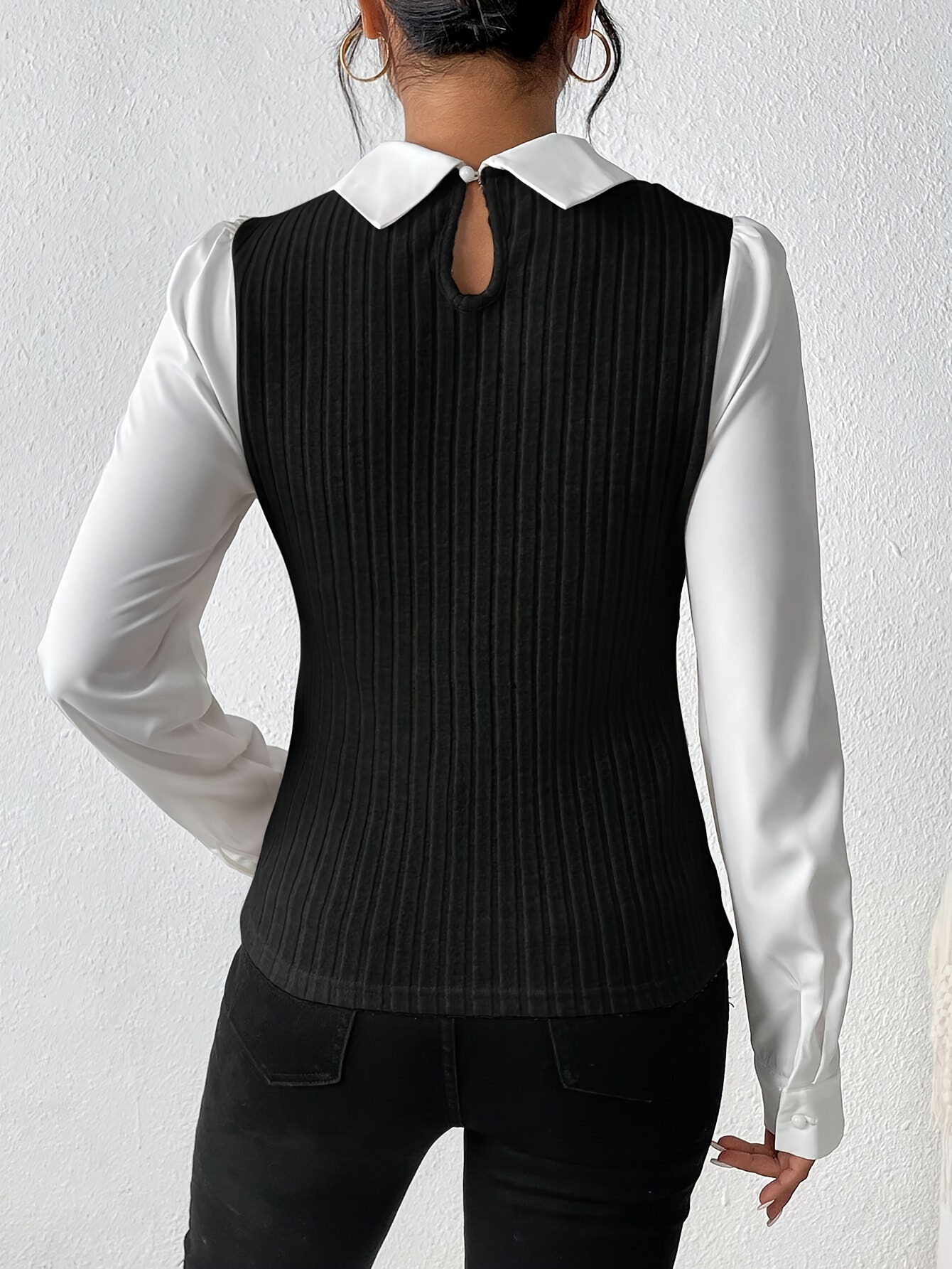 chemise décontractée pour femmes à manches longues - design du moyen- avec de couleur, tissu semi-transparent et col contrastant, lavable en machine & extensibilité moyenne pour automne/hiver, blouse à boutons à manches longues, haut détagement , tissu à extensibilité modérée Détails du produit 1