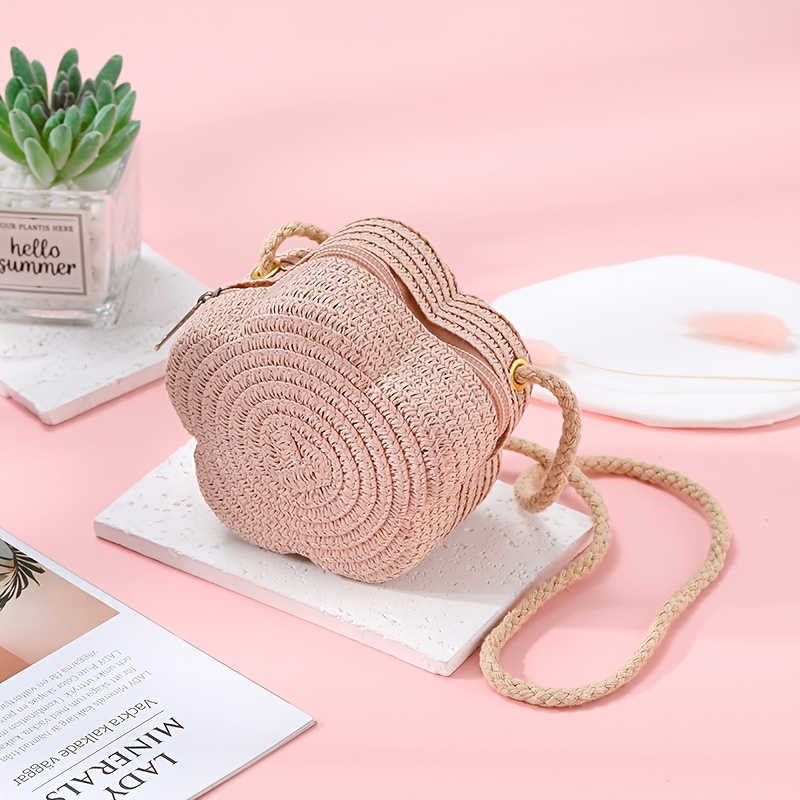 TEMU 1pc/4pcs Plum Woven Bag, New Handmade Straw Bag, Cute Plum Woven Purse For Women, Summer Coin Storage Crossbody Bag, Small Straw Bag For Beach