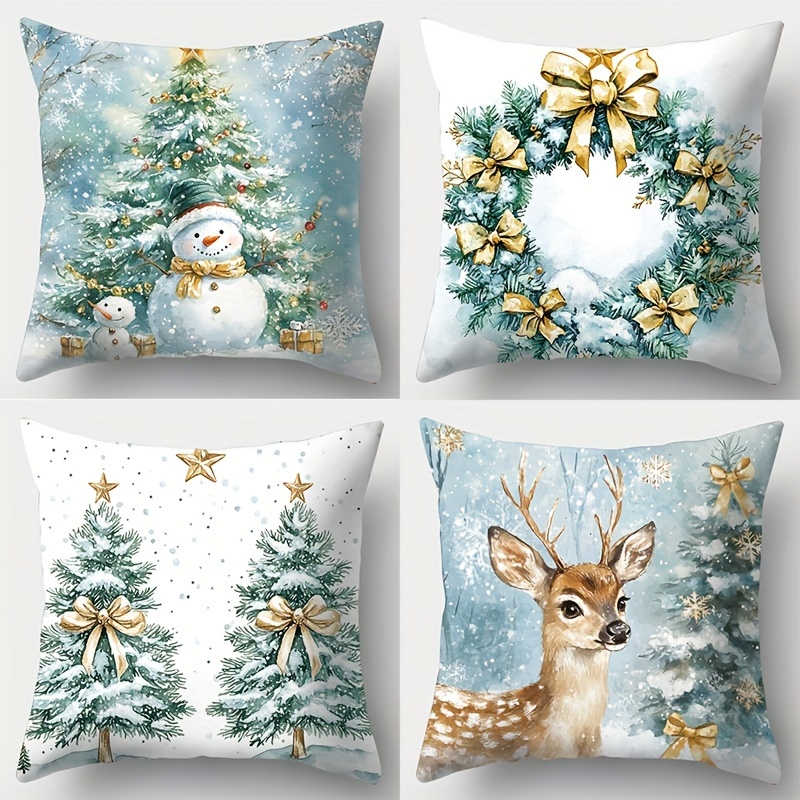 

4-pack Christmas Throw Pillow Covers, Contemporary Style Polyester Cushion Cases - Hand Wash, Printed Snowman, Christmas Tree, Reindeer, Zip Closure, For Living Room Decor - Green Design 45x45cm